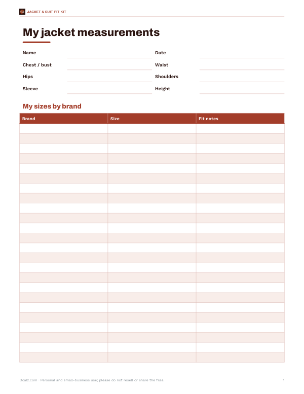 Preview of Printable Jacket Size Worksheet