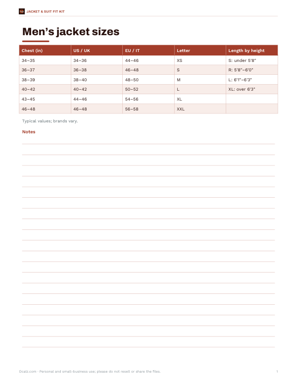 Preview of Printable Men's Jacket Size Chart